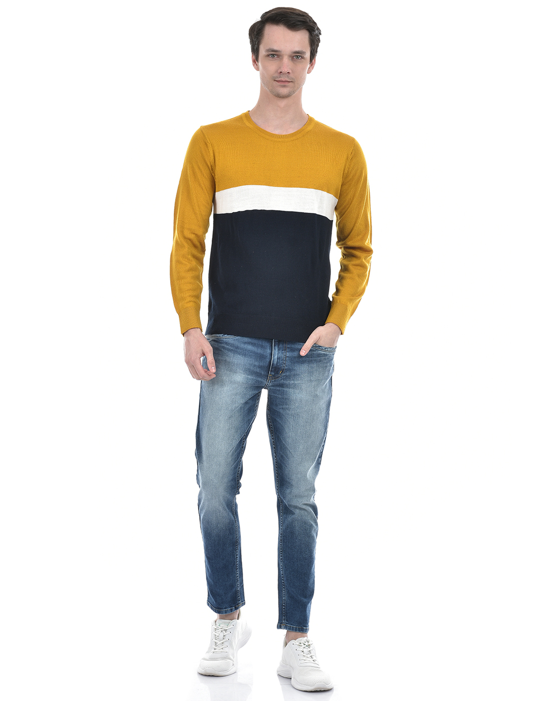 Numero Uno Men Color Block Mustard Sweater